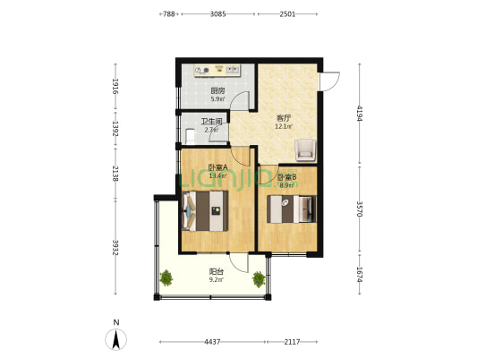 陵西南大街68号院 2室1厅1卫 59平方