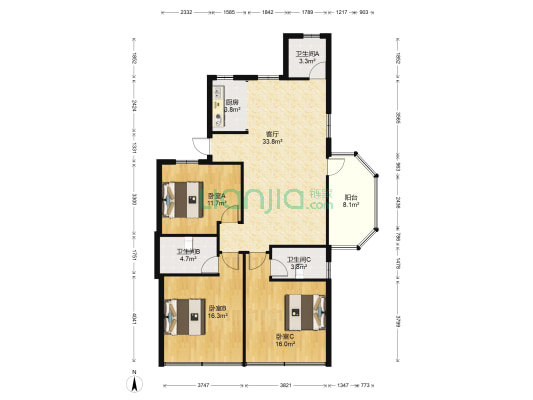 大唐街道市场西路 3室1厅3卫 115平方