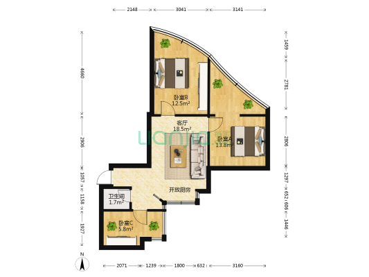 人民中路89号 3室1厅1卫 56平方