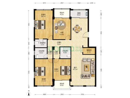 旭雁小区 4室1厅3卫 185平方