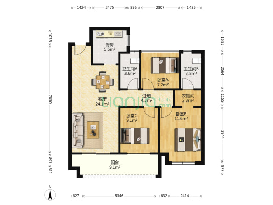 龙润城 3室1厅2卫 97平方