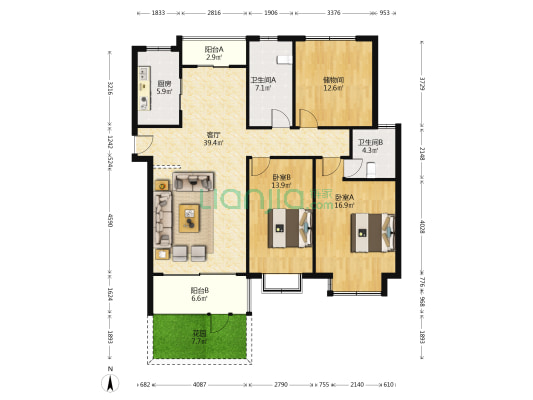 恒荣泰广场 2室1厅2卫 133平方