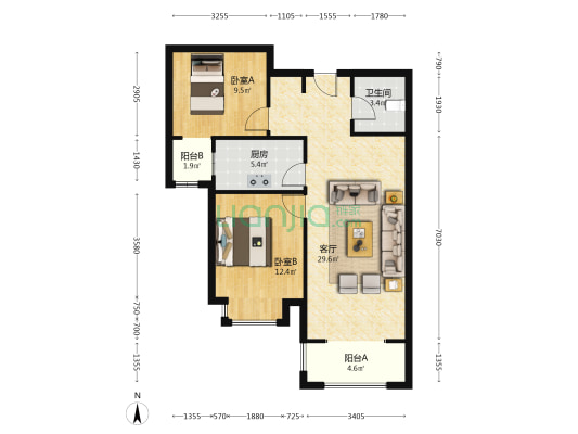 业主诚意出售 南向两居 房本满-户型图