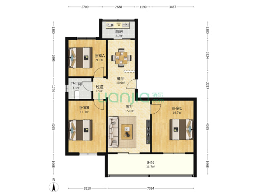 中陕核工业集团二一一小区 3室2厅1卫 99平方
