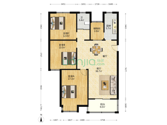 康和家园 3室1厅1卫 126平方