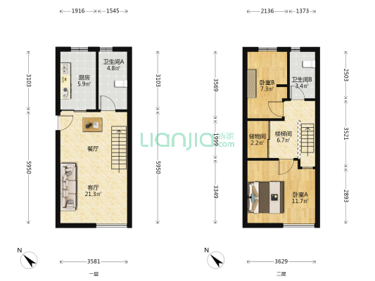 阳光新苑 2室1厅2卫 84平方