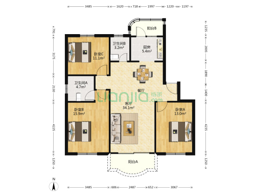恒大华城上河苑 3室1厅2卫 113平方