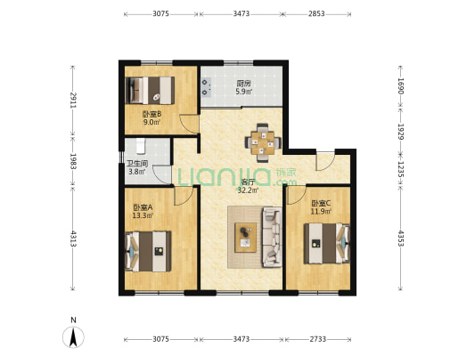 万科向日葵小镇西郡 3室1厅1卫 98平方