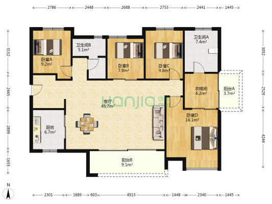 万科里金域滨江 4室1厅2卫 169平方