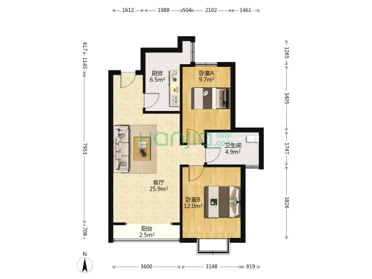 海山南里 2室1厅1卫 90平方