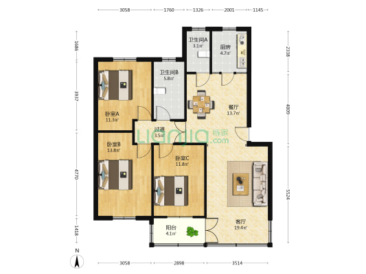 车站南路 3室2厅2卫 108平方