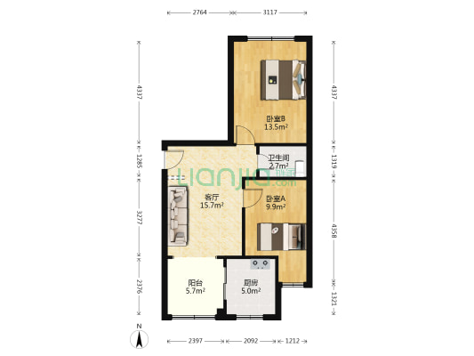 百花南街4号 2室1厅1卫 57平方