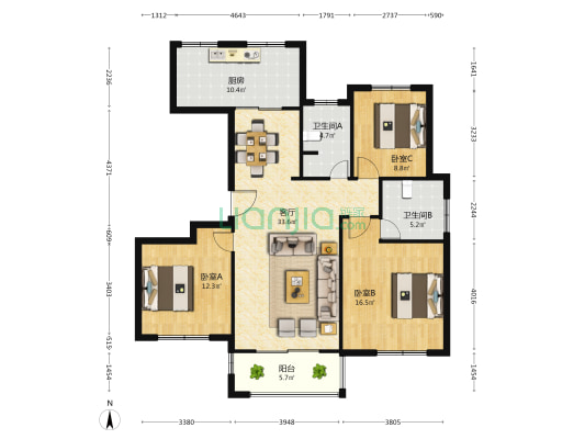 都市五星 3室1厅2卫 130平方