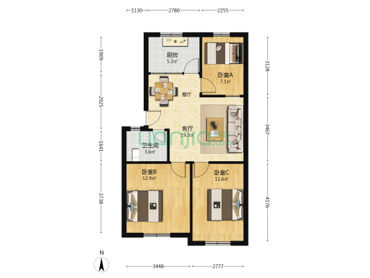 太平洋花苑二期 3室1厅1卫 79平方