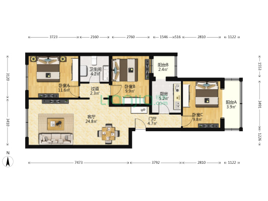 和泰家园 3室1厅1卫 102平方