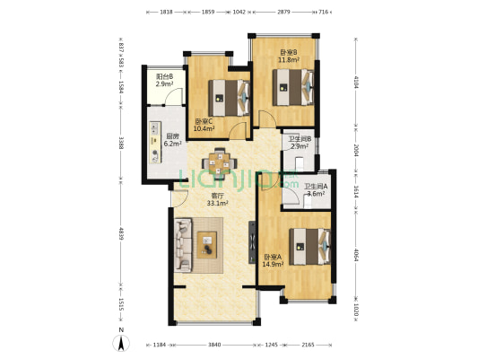 彰泰城东区 3室1厅2卫 96平方