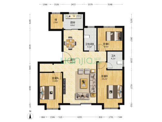 众美凤凰府 3室1厅2卫 124平方