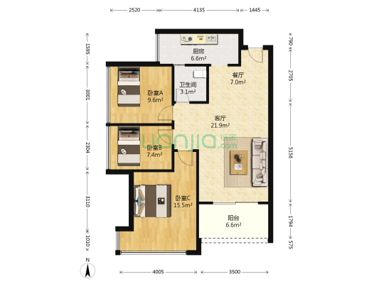 金沙世纪城 3室2厅1卫 87平方