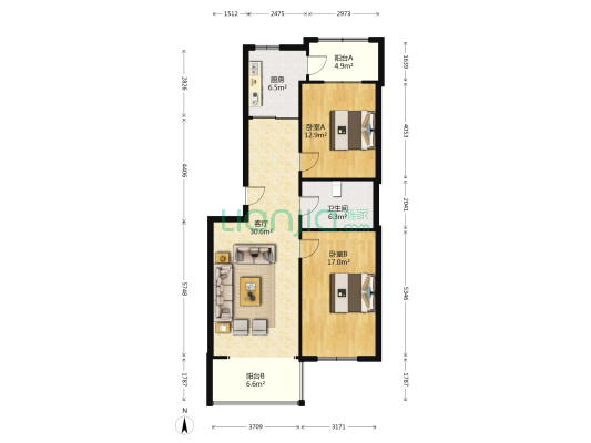 龙埠城市花园 2室1厅1卫 107平方