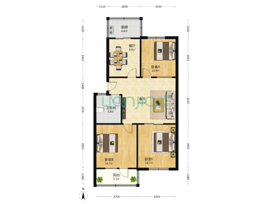 康顺里小区 3室2厅1卫 104平方