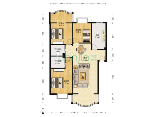 蓝谷公寓 3室1厅2卫 122平方