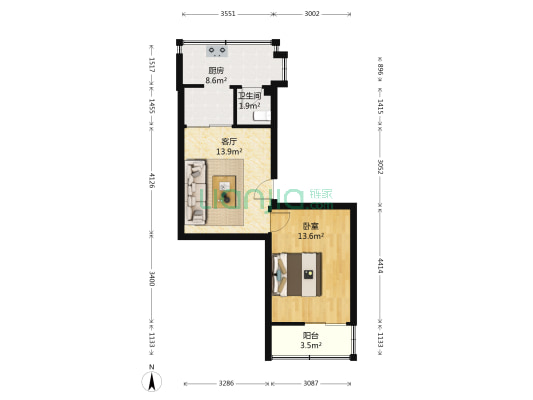 新鸿社区107号大院 1室1厅1卫 44平方