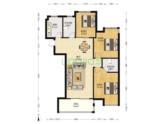 新城吾悦广场 3室1厅2卫 118平方
