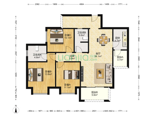 凤华康城A区 3室1厅2卫 108平方