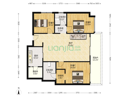 青秀阅山府 3室1厅3卫 130平方