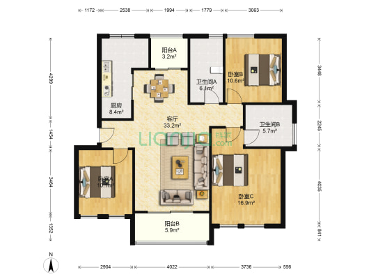 东方明珠世纪花园 3室1厅2卫 120平方