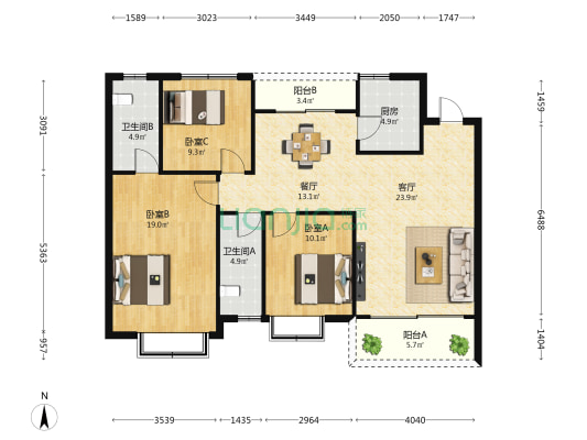 金岭花园 3室2厅2卫 125平方