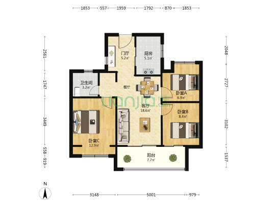 四季都会繁星启西区 3室1厅1卫 124平方