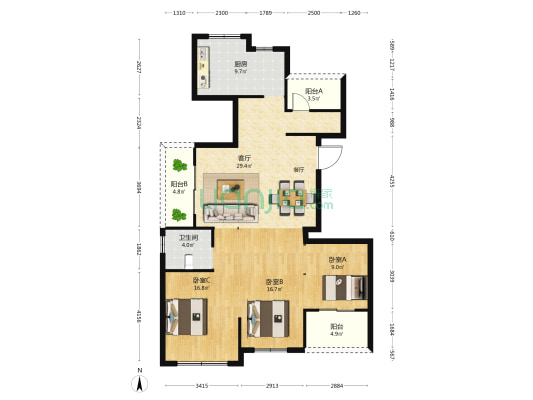 龙湖春江天玺 3室1厅1卫 123平方