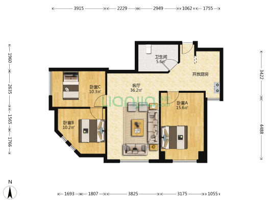 民族园 3室1厅1卫 108平方