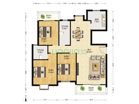 佳辉丽景鑫城 3室1厅2卫 140平方