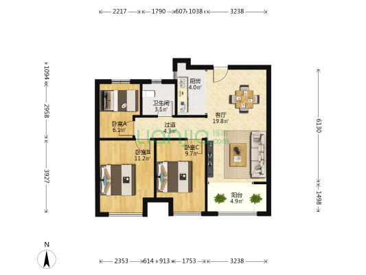 汇泉城7号院 3室1厅1卫 89平方