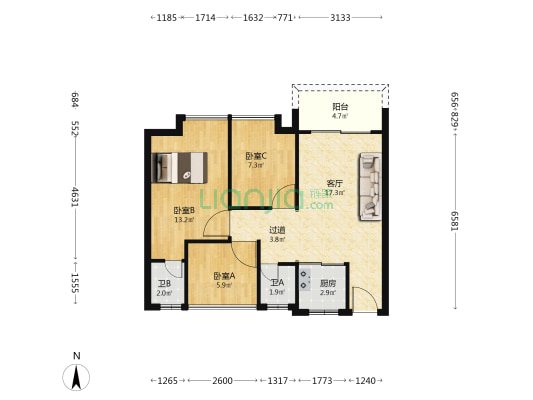 岚山翠苑 3室1厅2卫 80平方