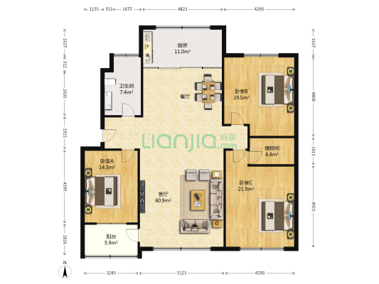 龙喜花苑北区 3室1厅1卫 171平方
