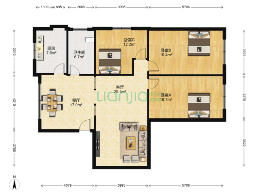 普达小区 3室2厅1卫 124平方