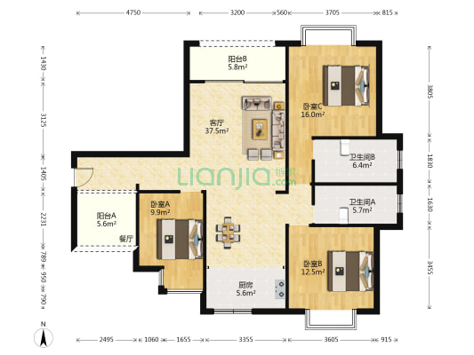 高新水岸晴沙 3室1厅2卫 123平方