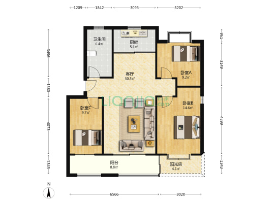 石臼湖北路1号 3室1厅1卫 97平方