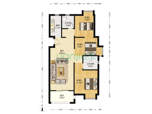 华润翡翠城三期 3室1厅2卫 123平方