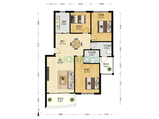 平安家园 3室2厅2卫 107平方
