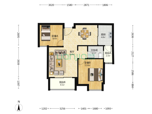 富港公馆 2室1厅1卫 85平方
