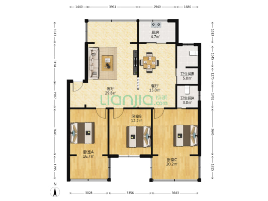 怡心园 3室2厅2卫 128平方
