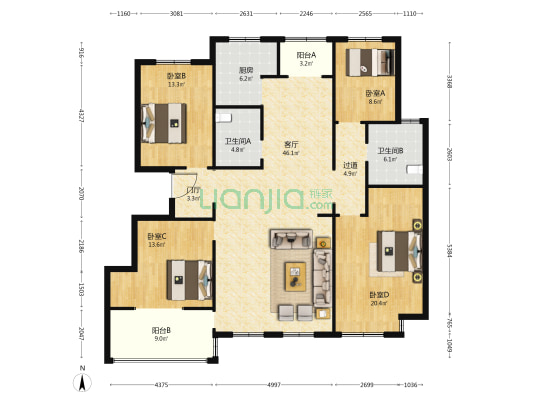 亢龙骏景A区 4室1厅2卫 174平方