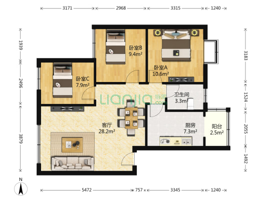 槐树苑二期锦苑 3室1厅1卫 83平方