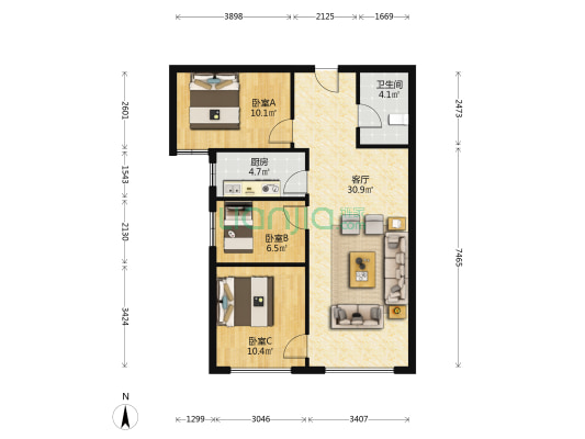 高品质好环境，南向三居精装修，采光充足-户型图