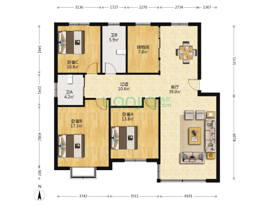 乐江花苑二期 3室1厅2卫 132平方
