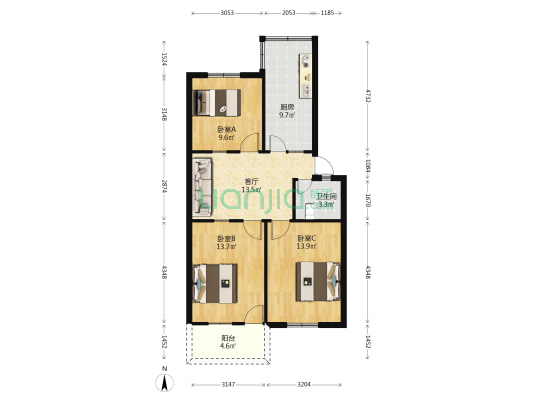 省人防办华屏路单位宿舍 3室1厅1卫 81平方